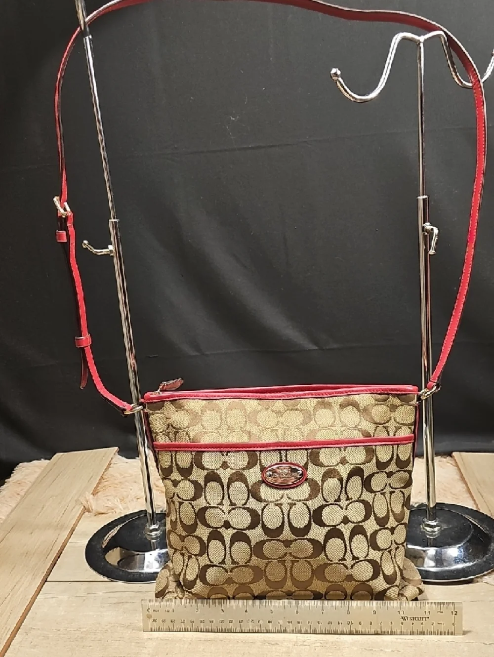 Coach Brown Signature Crossbody with Red Trim
